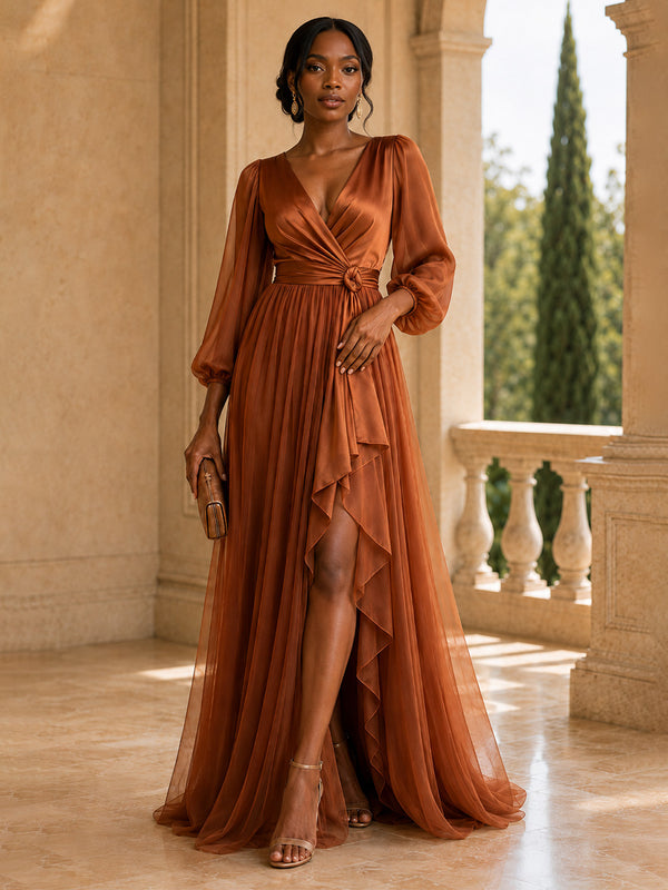 Satin A-Line V Neck Long Mother of the Bride Dresses with Belt
