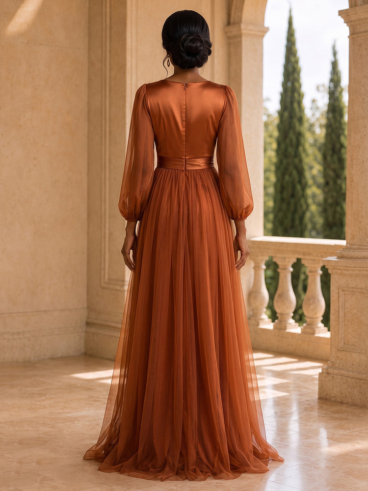 Satin A-Line V Neck Long Mother of the Bride Dresses with Belt