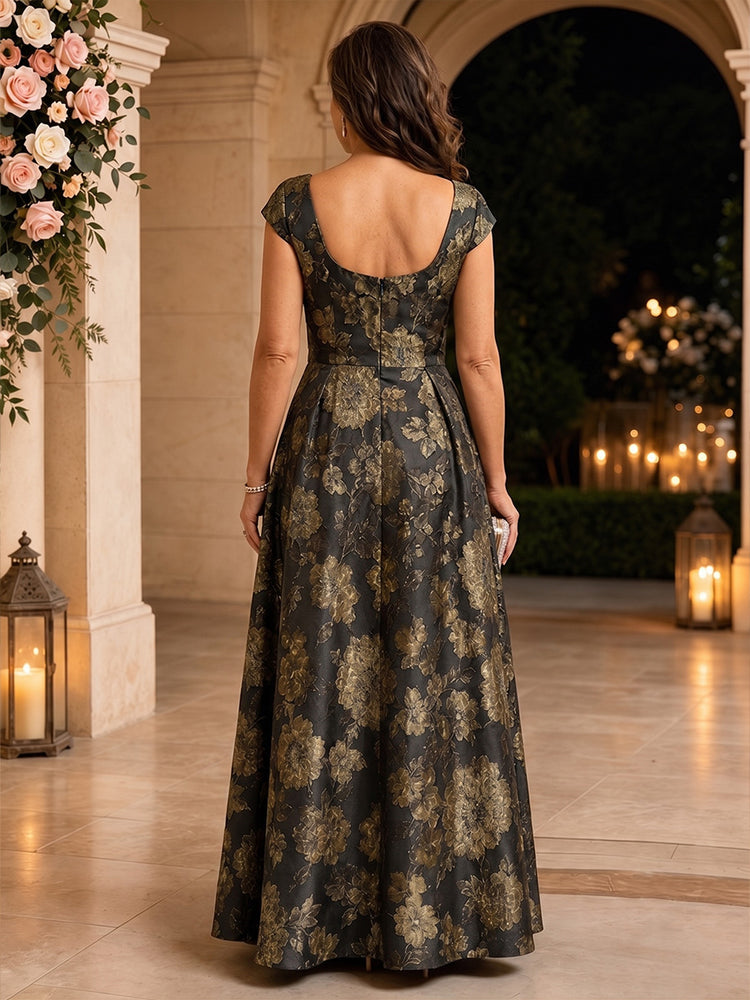 Jacquard A-Line V Neck Long Mother of the Bride Dresses with Ruffles