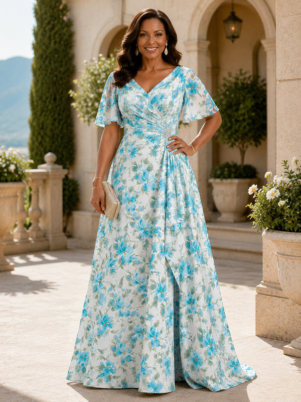 Satin A-Line V Neck Long Mother of the Bride Dresses with Ruffles
