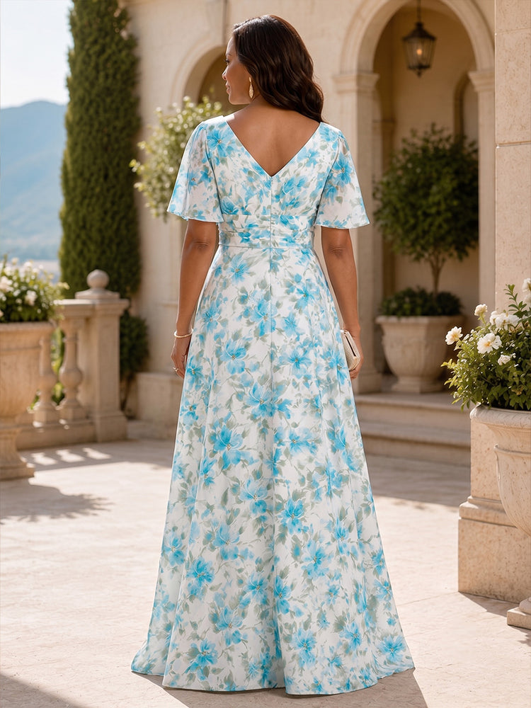 Satin A-Line V Neck Long Mother of the Bride Dresses with Ruffles