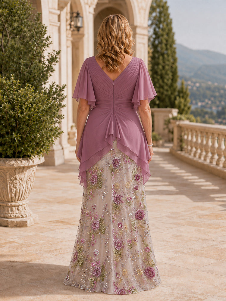 Chiffon A-Line V Neck Long Mother of the Bride Dresses with Embroidery