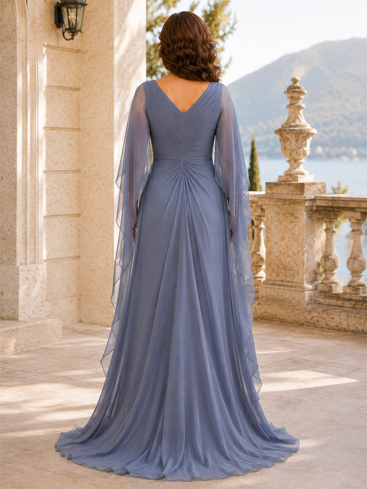Chiffon A-Line V Neck Long Mother of the Bride Dresses with Pleated