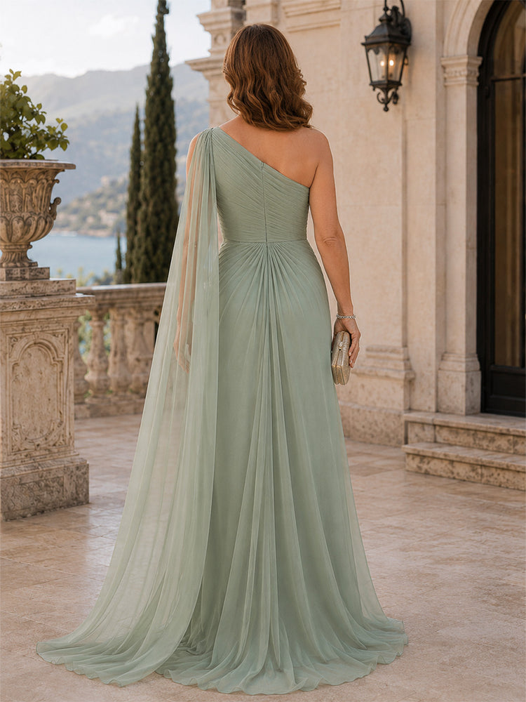 Chiffon A-Line One Shoulder Long Mother of the Bride Dresses with Ruffles