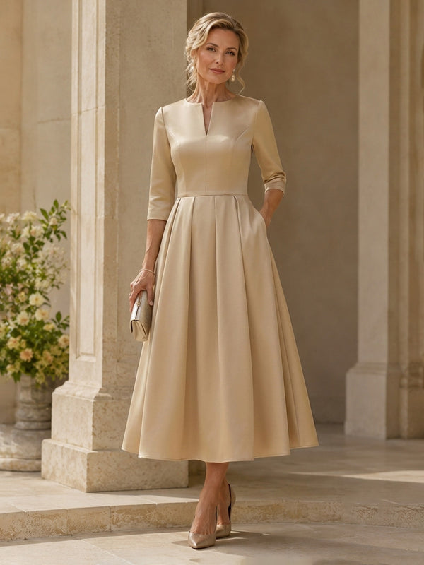 Satin A-Line V Neck Long Mother of the Bride Dresses with Pocket