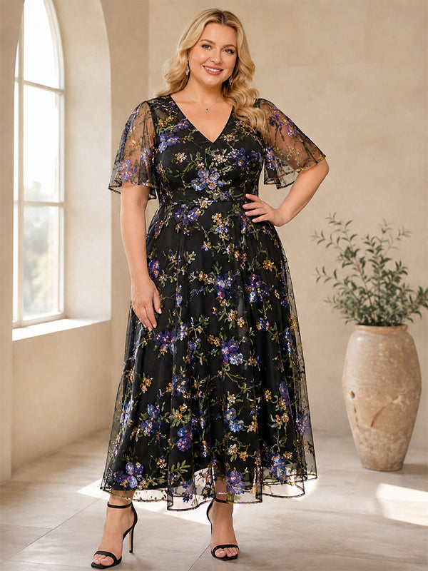 Tulle A-Line V Neck Long Mother of the Bride Dresses with Embroidery