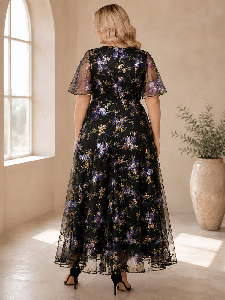 Tulle A-Line V Neck Long Mother of the Bride Dresses with Embroidery