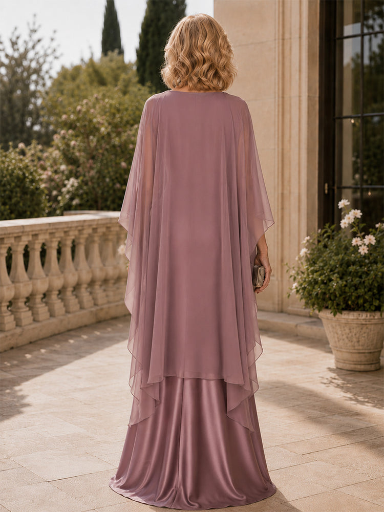 Satin A-Line Scoop Neck Long Mother of the Bride Dresses with 2 Pieces