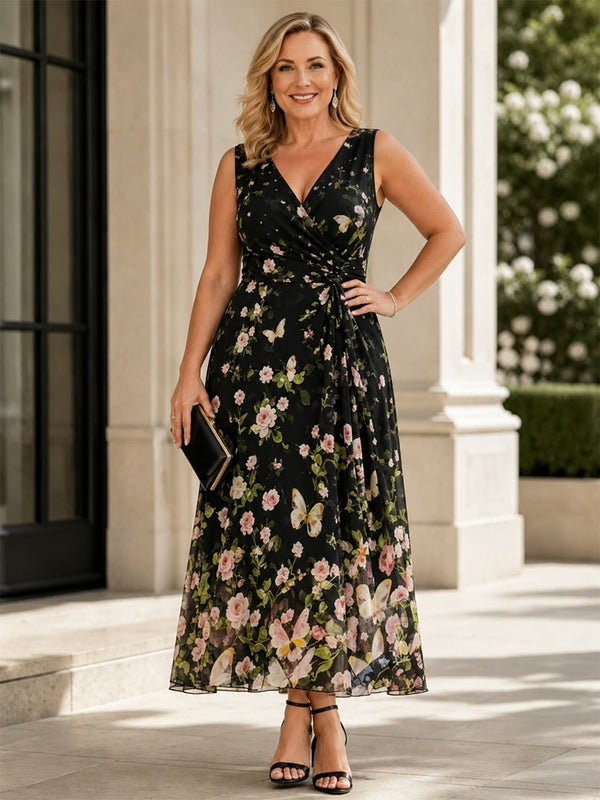 Tulle A-Line V Neck Long Mother of the Bride Dresses with Embroidery