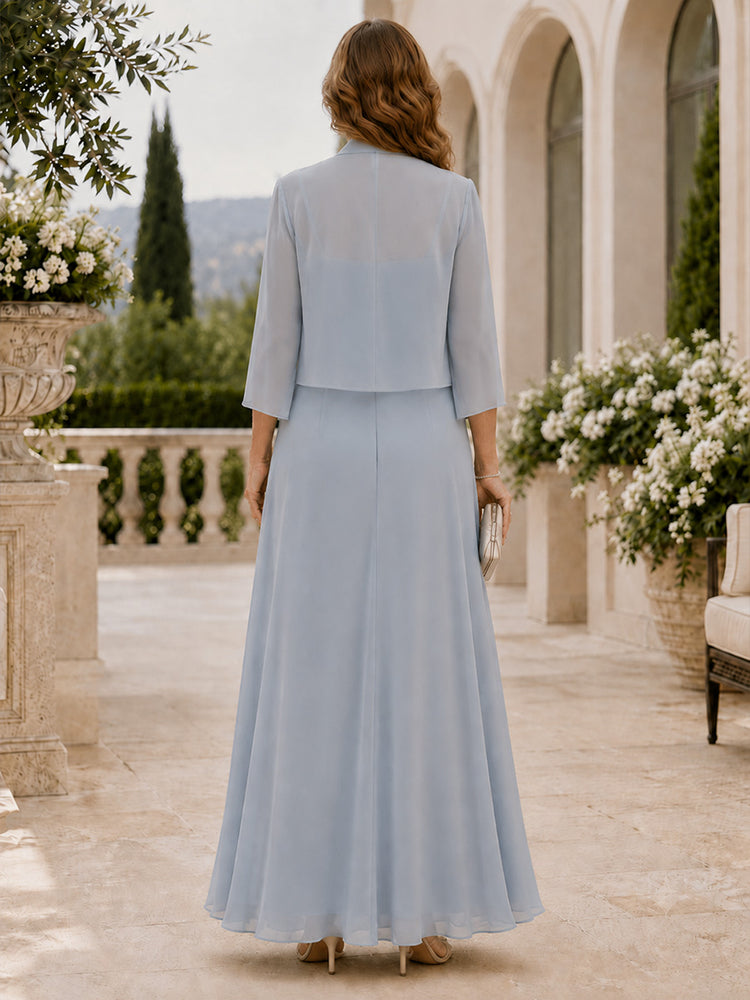 Chiffon A-Line V Neck Long Mother of the Bride Dresses with 2 Pieces