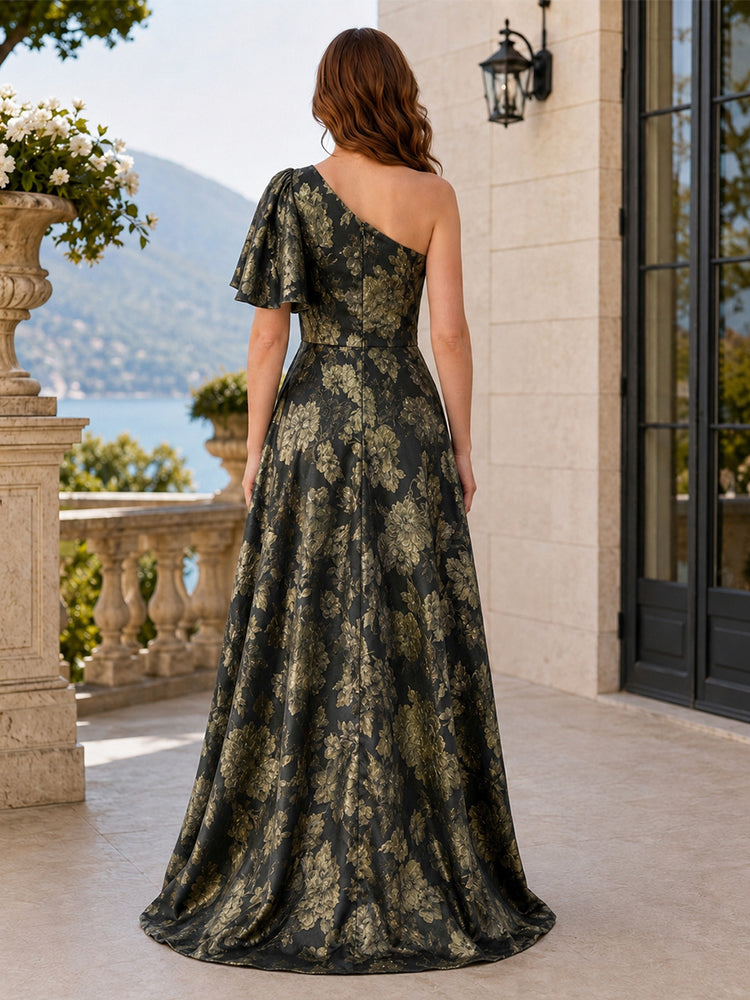 Satin Jacquard A-Line One Shoulder Long Mother of the Bride Dresses with Ruffles