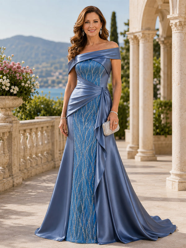 Satin A-Line Off the Shoulder Long Mother of the Bride Dresses with Ruffles