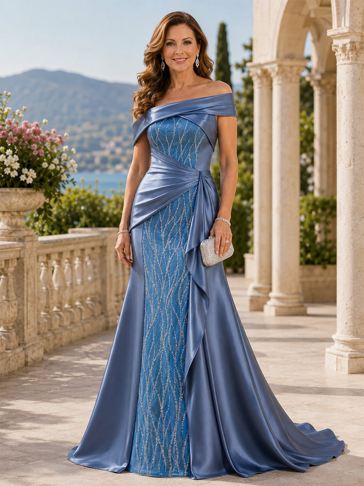 Satin A-Line Off the Shoulder Long Mother of the Bride Dresses with Ruffles