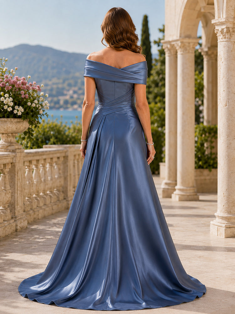 Satin A-Line Off the Shoulder Long Mother of the Bride Dresses with Ruffles