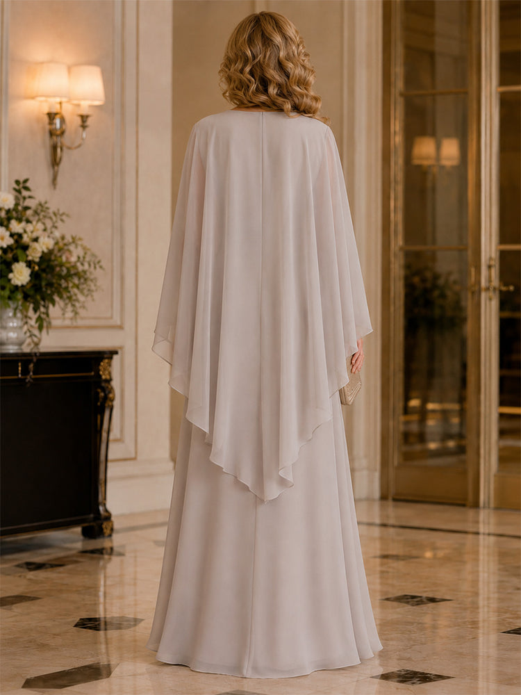 Chiffon A-Line V Neck Long Mother of the Bride Dresses with 2 Pieces