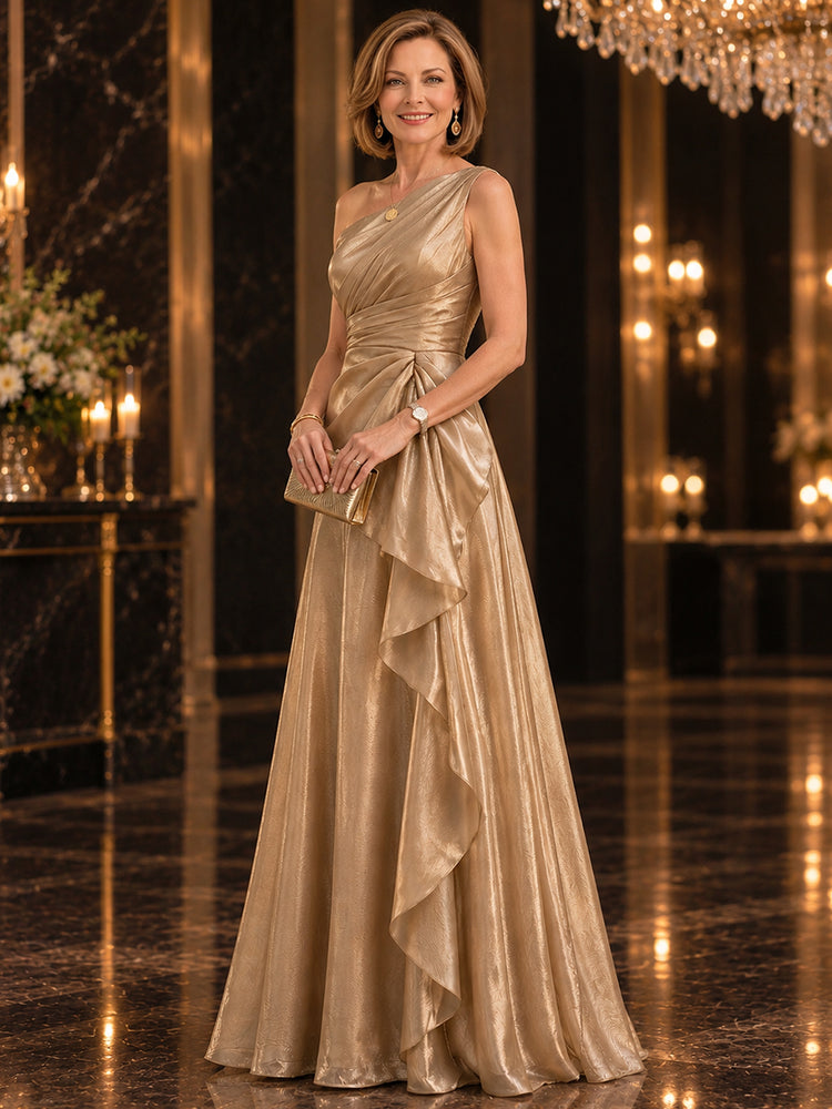 Metallic A-Line One Shoulder Long Mother of the Bride Dresses with Sash