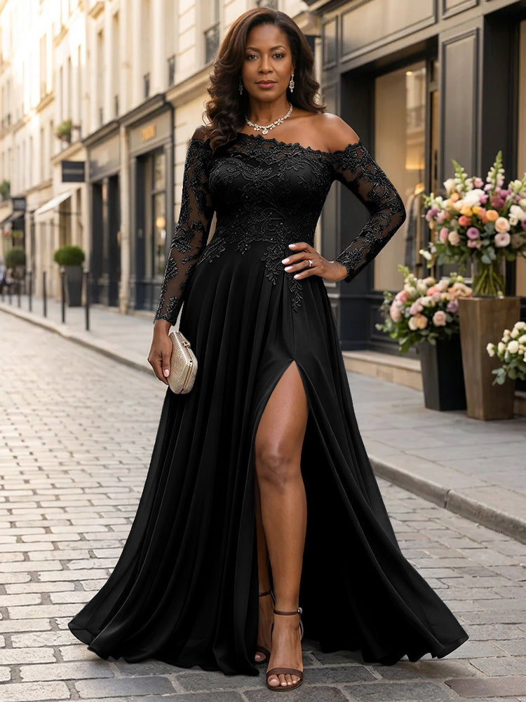 Chiffon A-Line Asymmetric Neck Long Mother of the Bride Dresses with Lace Applique