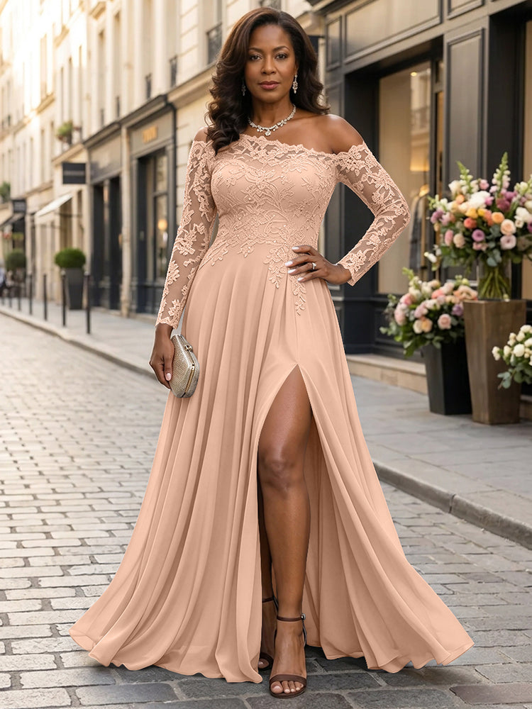 Chiffon A-Line Asymmetric Neck Long Mother of the Bride Dresses with Lace Applique