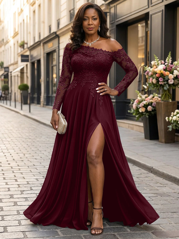 Chiffon A-Line Asymmetric Neck Long Mother of the Bride Dresses with Lace Applique