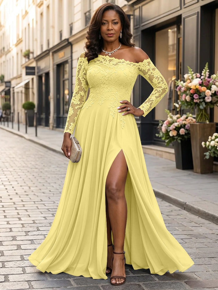 Chiffon A-Line Asymmetric Neck Long Mother of the Bride Dresses with Lace Applique