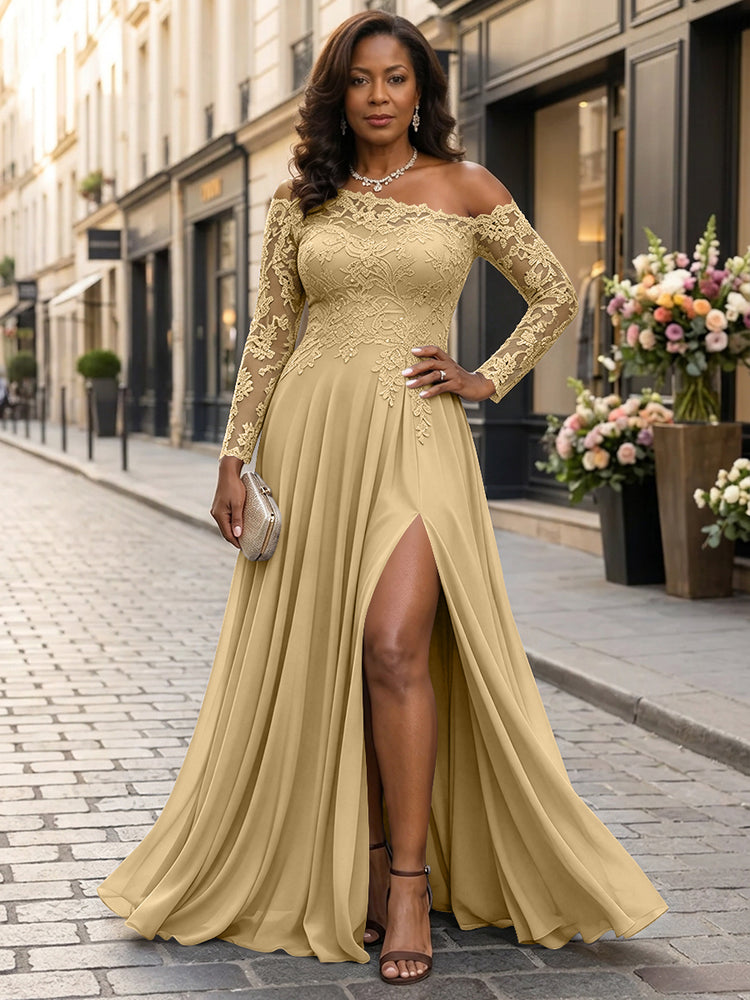 Chiffon A-Line Asymmetric Neck Long Mother of the Bride Dresses with Lace Applique