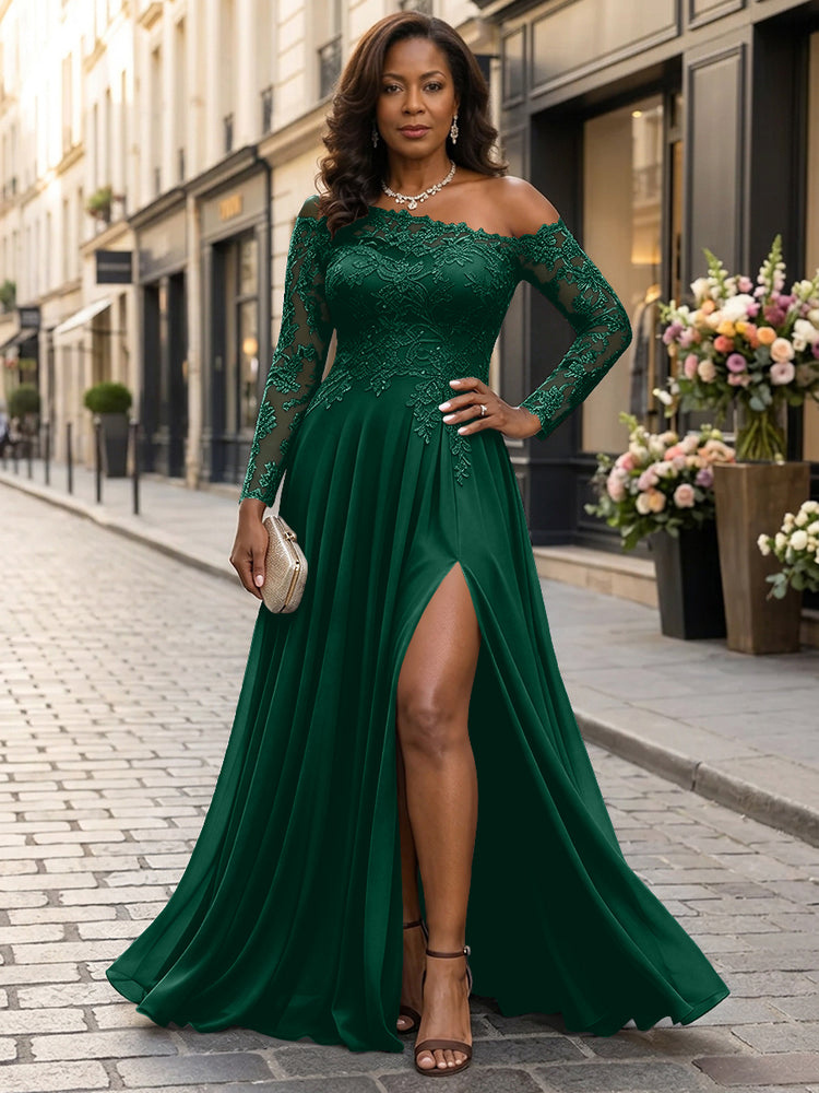 Chiffon A-Line Asymmetric Neck Long Mother of the Bride Dresses with Lace Applique