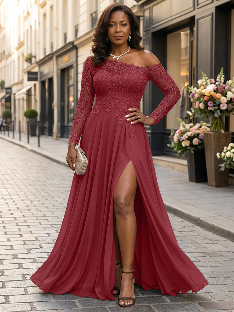 Chiffon A-Line Asymmetric Neck Long Mother of the Bride Dresses with Lace Applique