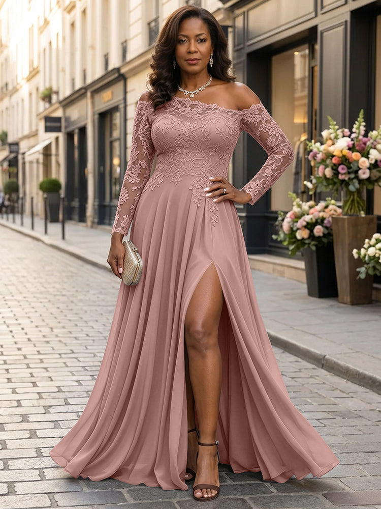 Chiffon A-Line Asymmetric Neck Long Mother of the Bride Dresses with Lace Applique