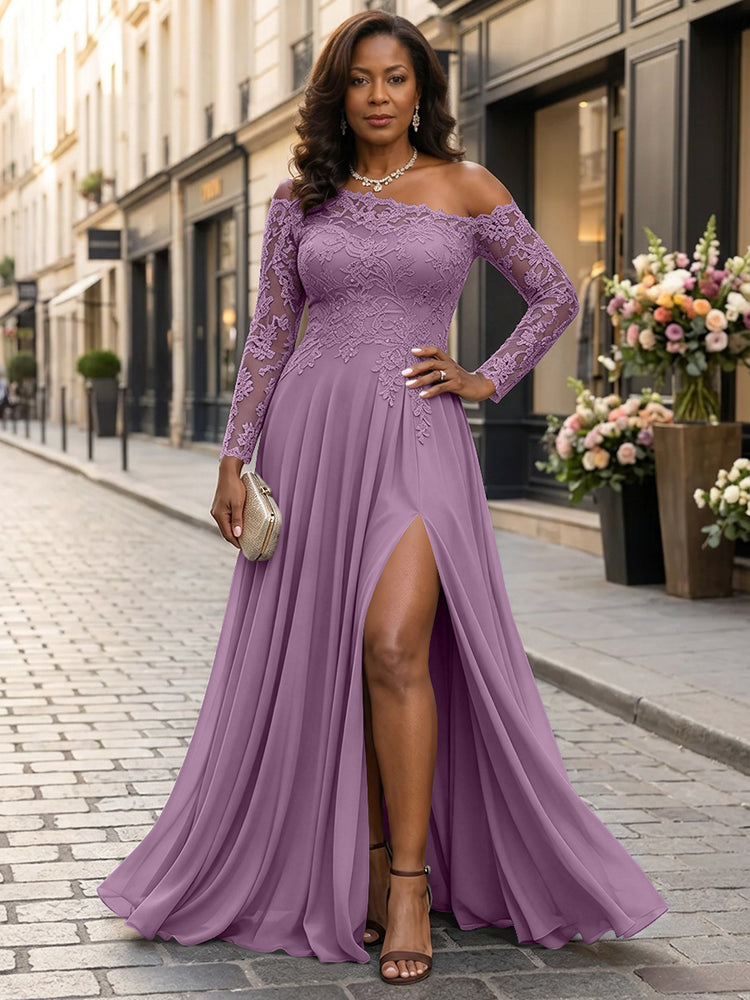 Chiffon A-Line Asymmetric Neck Long Mother of the Bride Dresses with Lace Applique