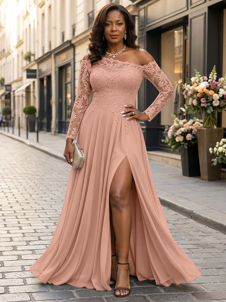 Chiffon A-Line Asymmetric Neck Long Mother of the Bride Dresses with Lace Applique