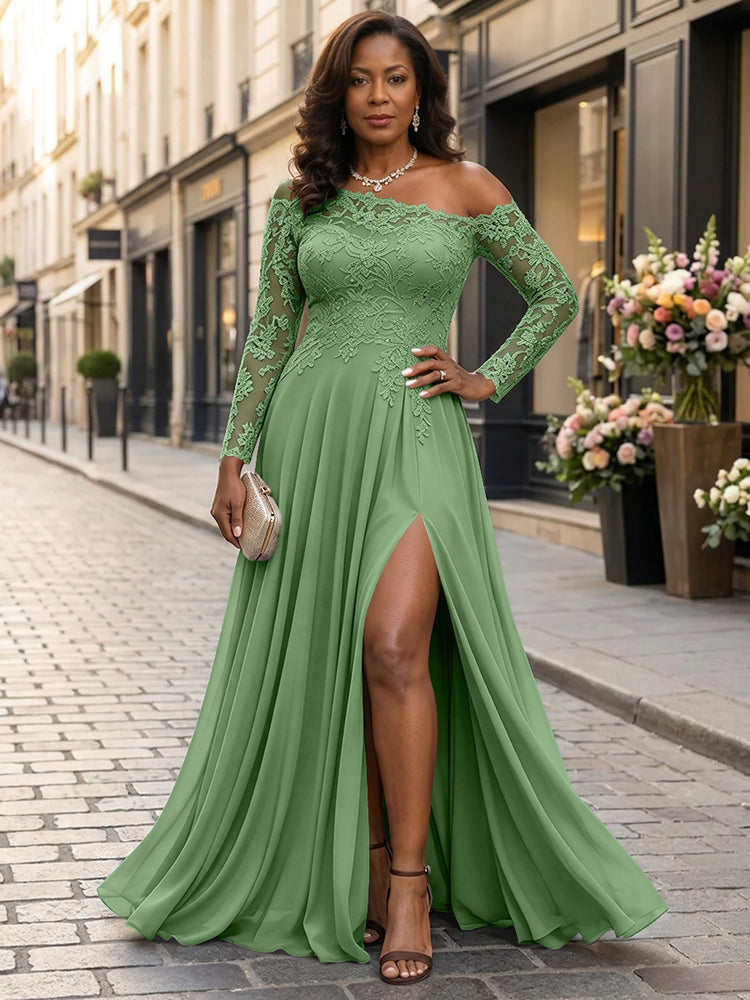 Chiffon A-Line Asymmetric Neck Long Mother of the Bride Dresses with Lace Applique