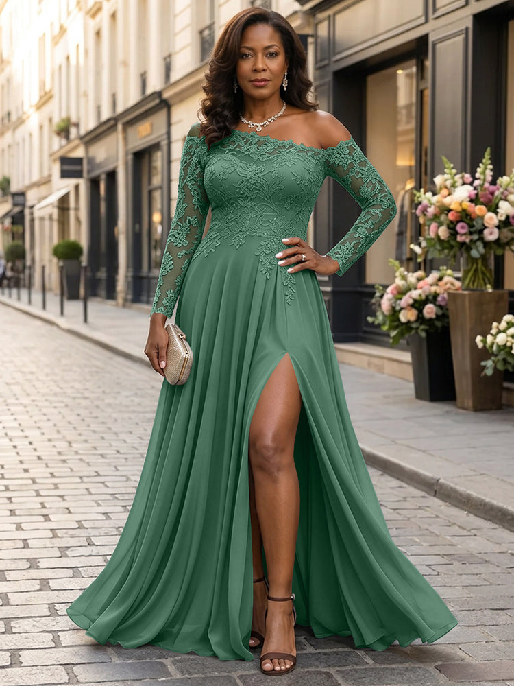 Chiffon A-Line Asymmetric Neck Long Mother of the Bride Dresses with Lace Applique