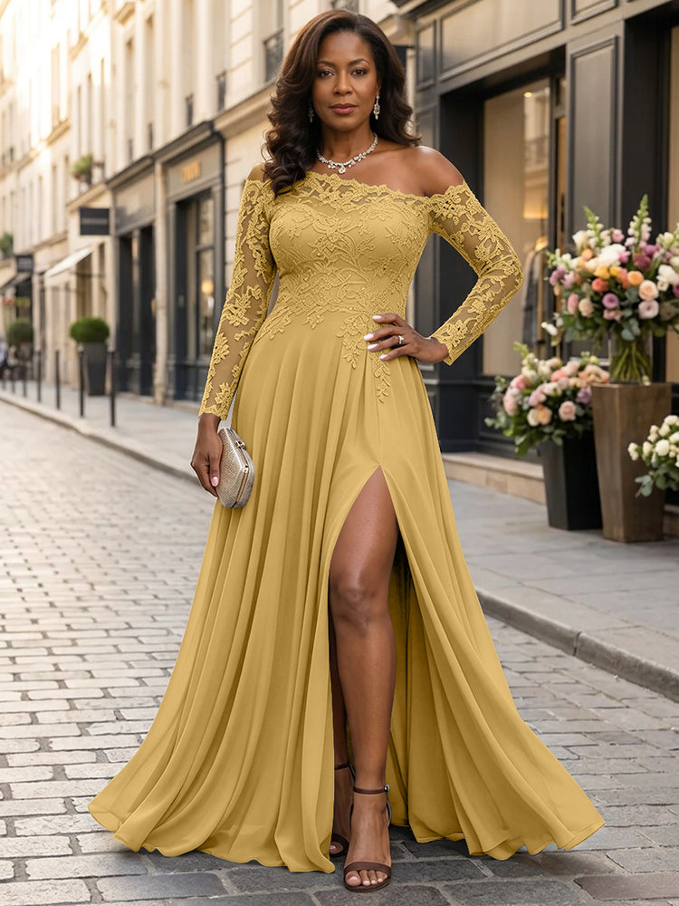 Chiffon A-Line Asymmetric Neck Long Mother of the Bride Dresses with Lace Applique