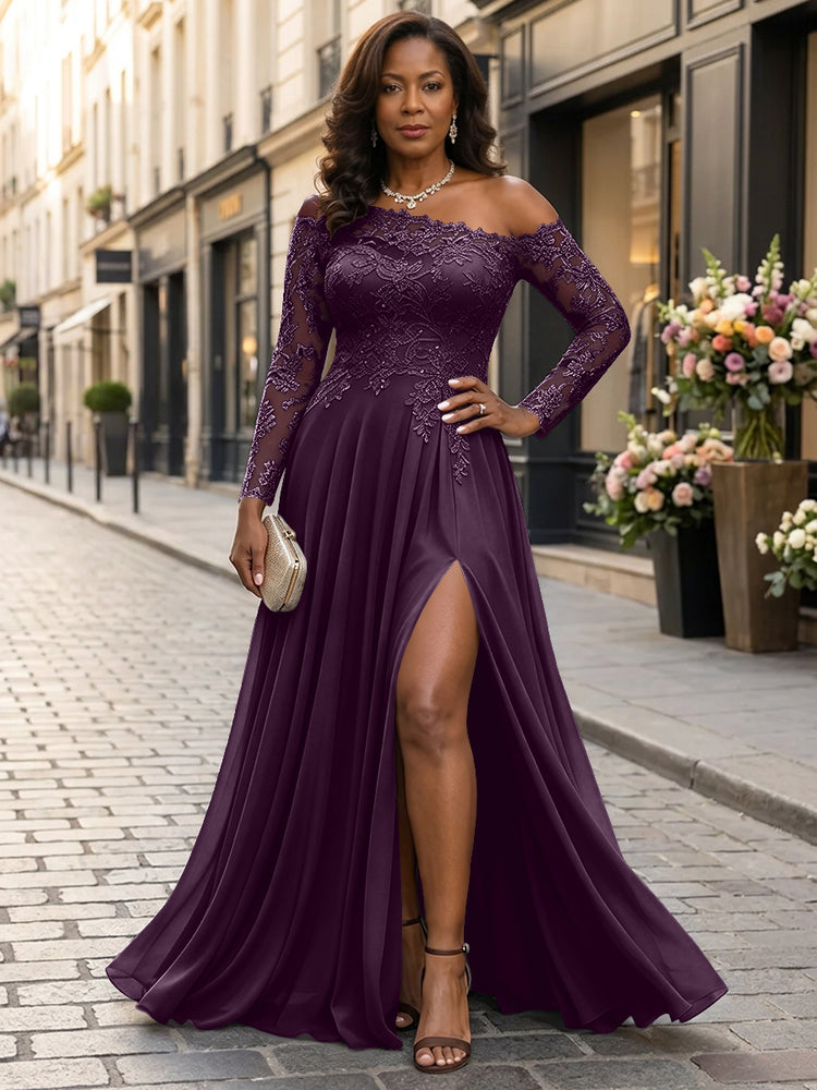 Chiffon A-Line Asymmetric Neck Long Mother of the Bride Dresses with Lace Applique