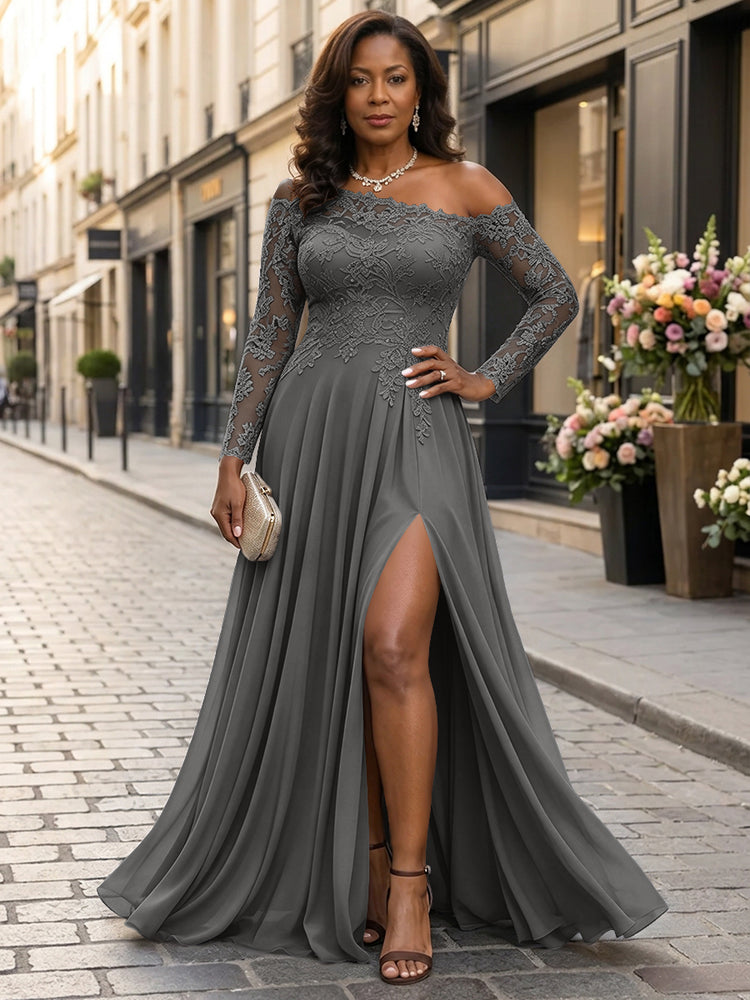 Chiffon A-Line Asymmetric Neck Long Mother of the Bride Dresses with Lace Applique