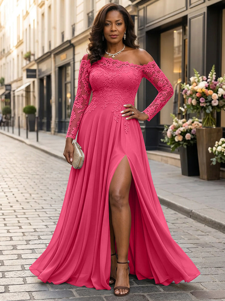 Chiffon A-Line Asymmetric Neck Long Mother of the Bride Dresses with Lace Applique