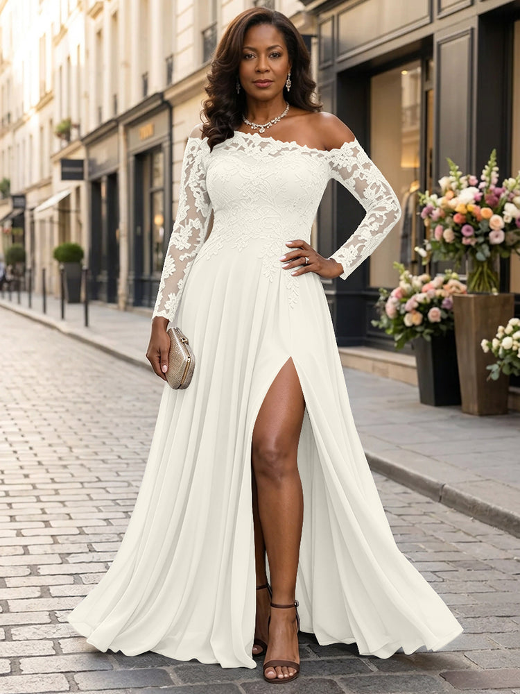 Chiffon A-Line Asymmetric Neck Long Mother of the Bride Dresses with Lace Applique