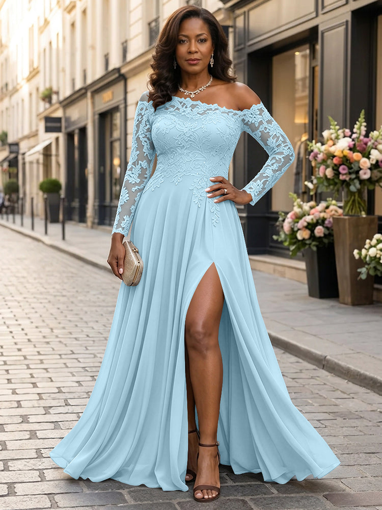 Chiffon A-Line Asymmetric Neck Long Mother of the Bride Dresses with Lace Applique