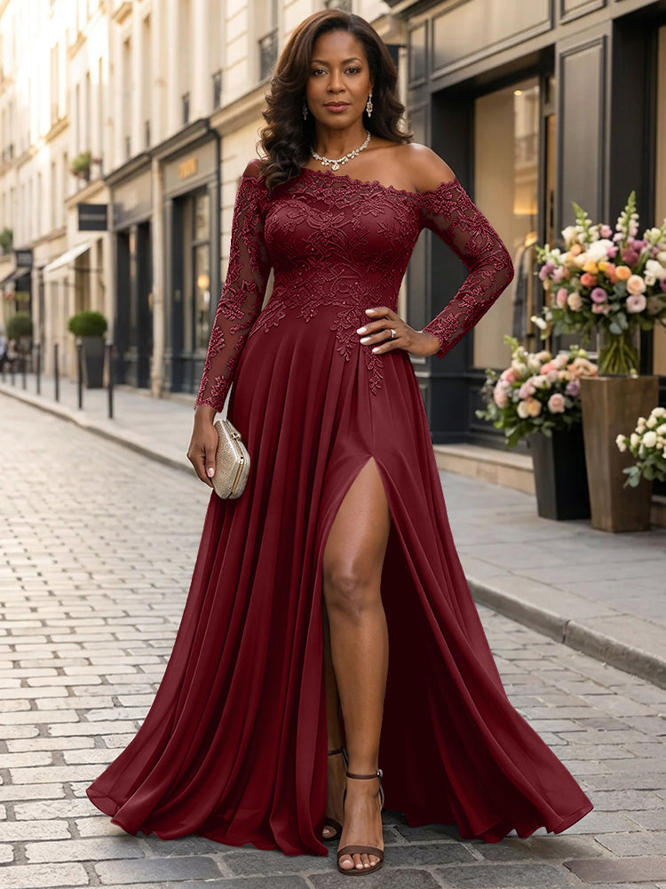 Chiffon A-Line Asymmetric Neck Long Mother of the Bride Dresses with Lace Applique