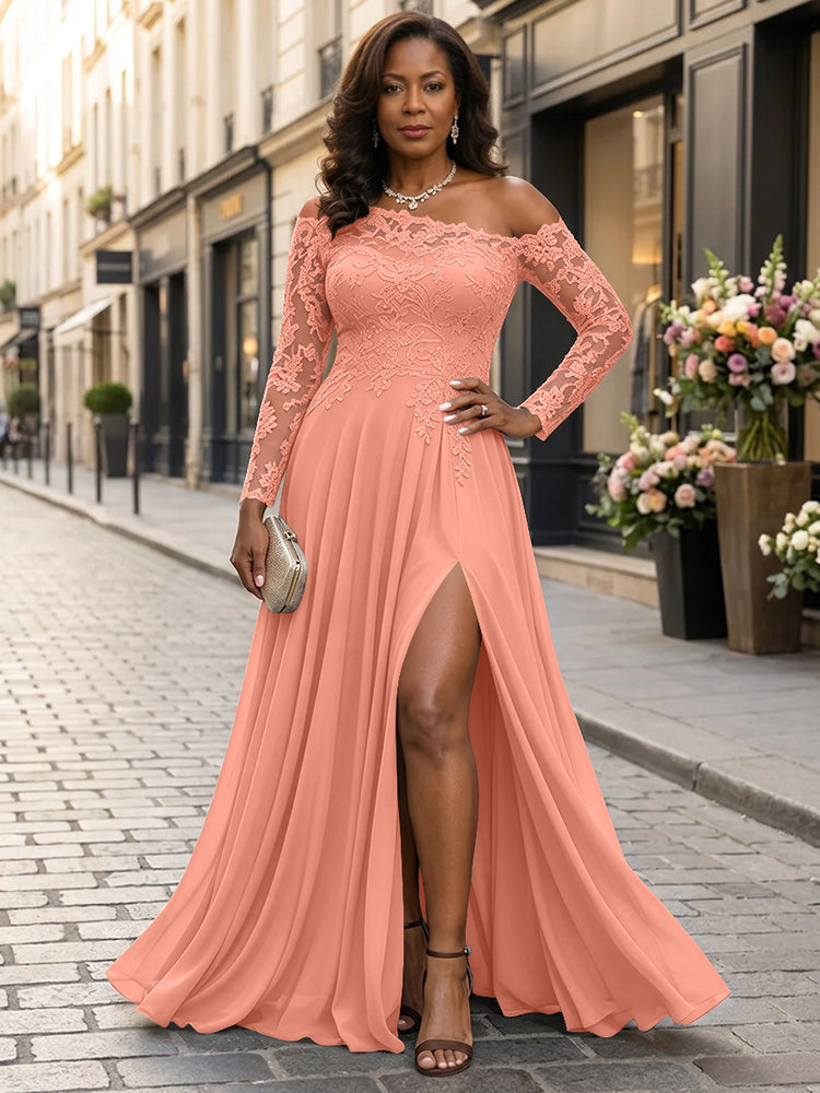 Chiffon A-Line Asymmetric Neck Long Mother of the Bride Dresses with Lace Applique