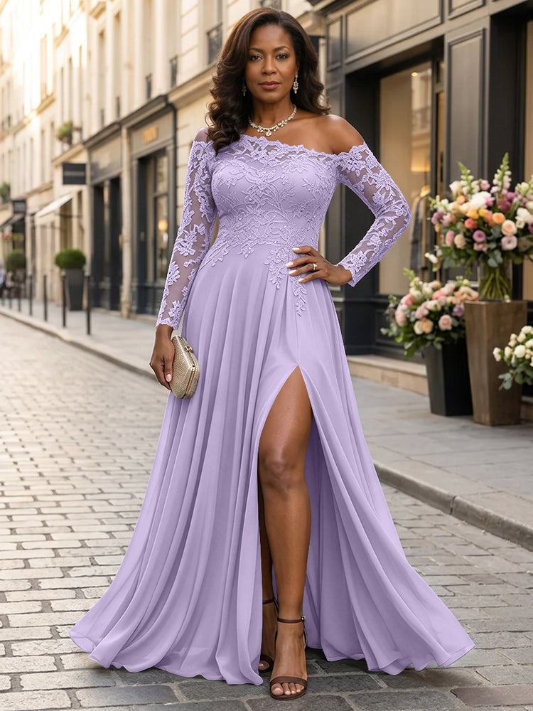Chiffon A-Line Asymmetric Neck Long Mother of the Bride Dresses with Lace Applique