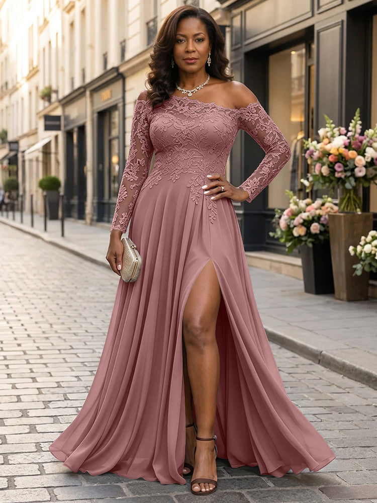 Chiffon A-Line Asymmetric Neck Long Mother of the Bride Dresses with Lace Applique
