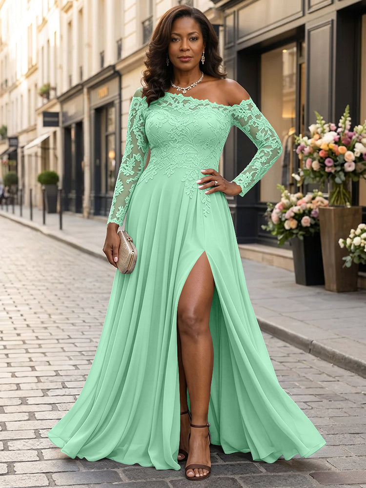 Chiffon A-Line Asymmetric Neck Long Mother of the Bride Dresses with Lace Applique