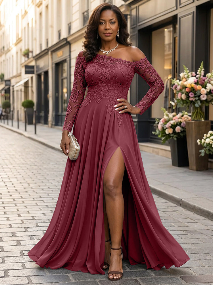 Chiffon A-Line Asymmetric Neck Long Mother of the Bride Dresses with Lace Applique