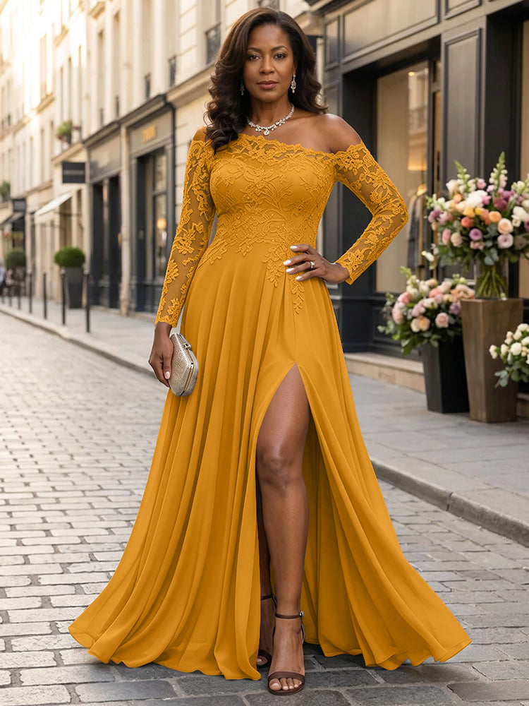 Chiffon A-Line Asymmetric Neck Long Mother of the Bride Dresses with Lace Applique