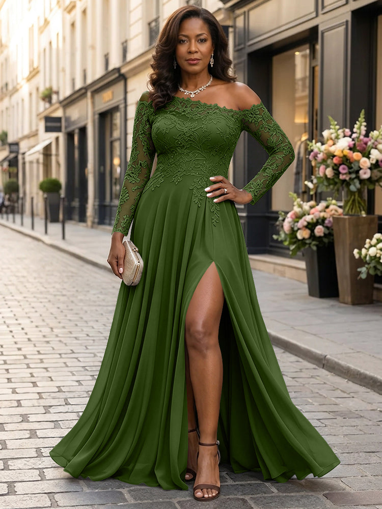 Chiffon A-Line Asymmetric Neck Long Mother of the Bride Dresses with Lace Applique