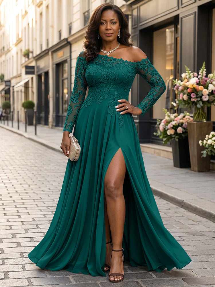 Chiffon A-Line Asymmetric Neck Long Mother of the Bride Dresses with Lace Applique