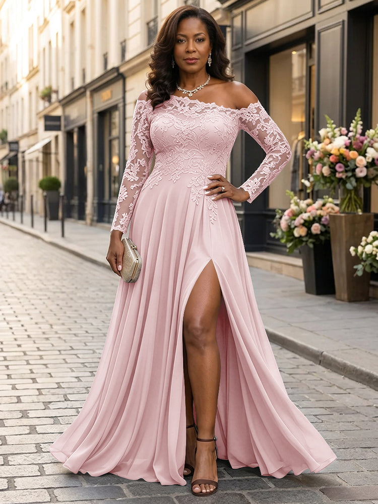 Chiffon A-Line Asymmetric Neck Long Mother of the Bride Dresses with Lace Applique