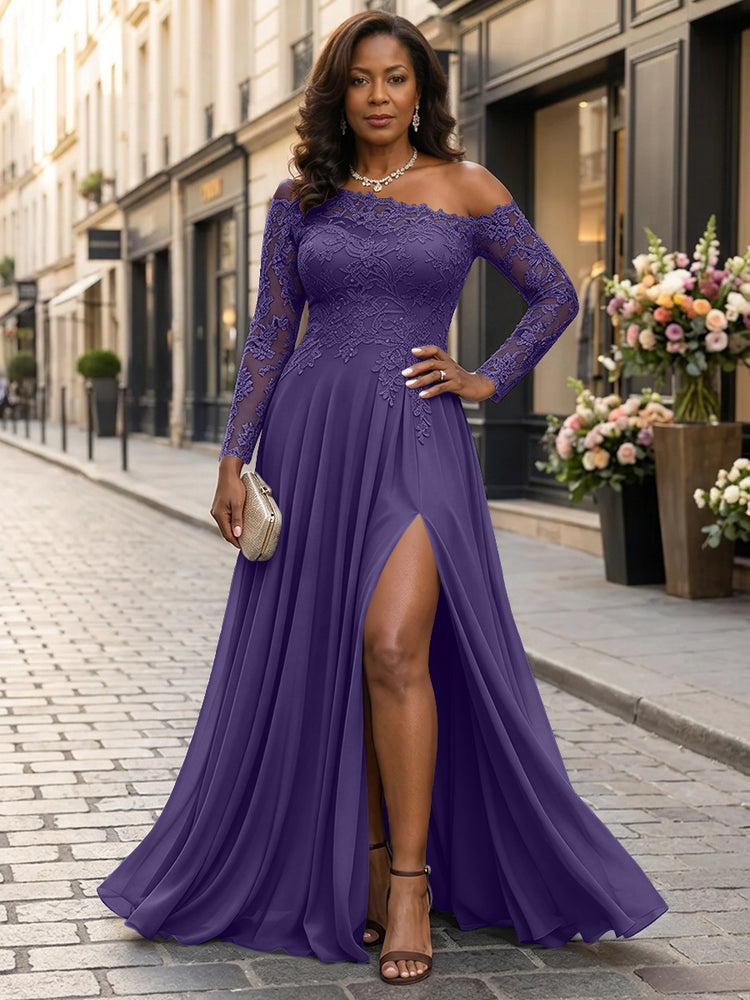 Chiffon A-Line Asymmetric Neck Long Mother of the Bride Dresses with Lace Applique