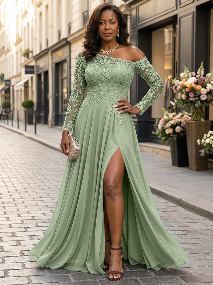 Chiffon A-Line Asymmetric Neck Long Mother of the Bride Dresses with Lace Applique